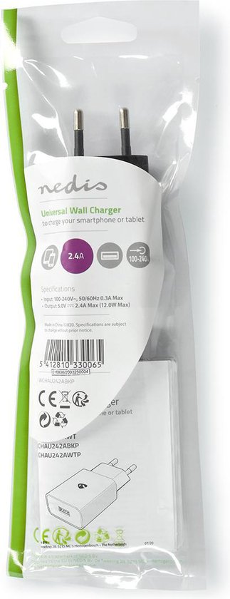 Verpakking Nedis universele wandlader. Met specificaties en keurmerken.