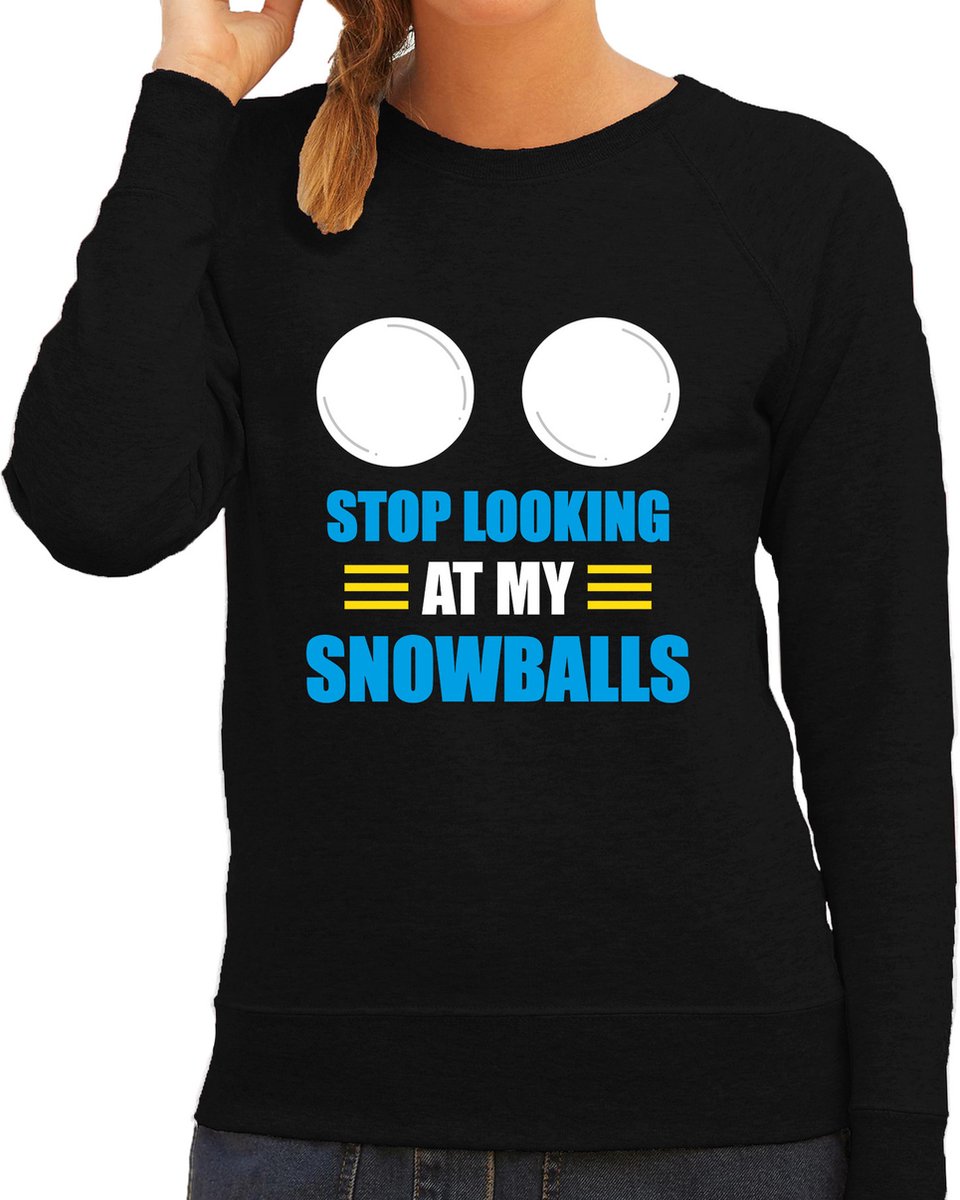 Afbeelding van product Bellatio Decorations  Apres ski trui Stop looking at my snowballs zwart dames - Wintersport sweater - Foute apres ski outfit/ kleding/ verkleedkleding M  - maat M