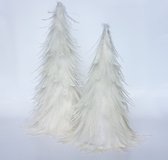 Set van 2 conen / kunstkerstbomen / kerstboom met veren - Wit / zilver - 24 x 24 x 50 cm hoog (grootste boom)