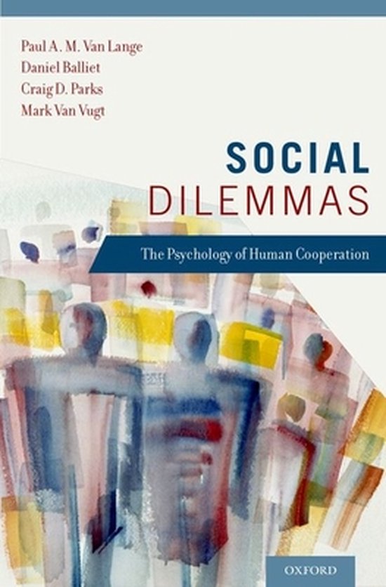 Boek "Social Dilemmas: The Psychology of Human Cooperation" met abstracte groepsvoorstelling in blauw en bruin.