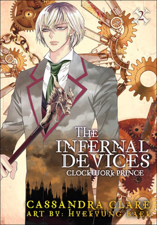 Kaun 2 van The Infernal Devices: Clockwork Prince. Een man met blond haar in een pak met rode bies en een drakenstok.