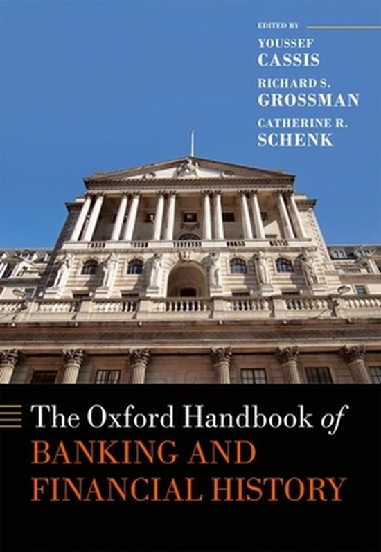 Het Oxford Handbook of Banking and Financial History, met op de voorgrond de tekst en op de achtergrond een gebouw.