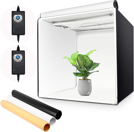 Fotostudio set 60 x 60 x 60 cm LED-fotobox lichtbox lichtkubus professionele fotografie lichttent incl. 3 PVC-achtergrondfolies (zwart, zuiver wit, warm wit) herbruikbaar