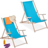 Relaxdays strandstoel hout set van 2 - met armleuning - inklapbare ligstoel - wit - light Blue