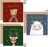 Schattige kerstkaarten - 6 stuks - vierkant met enveloppen - 2x 3 stuks - gevouwen - pun kaarten - luxe unieke kaarten met gouddruk