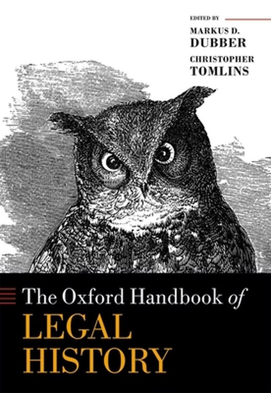 Boekomslag 'The Oxford Handbook of Legal History' met een zwart-wit illustratie van een uil en de titel in goud.