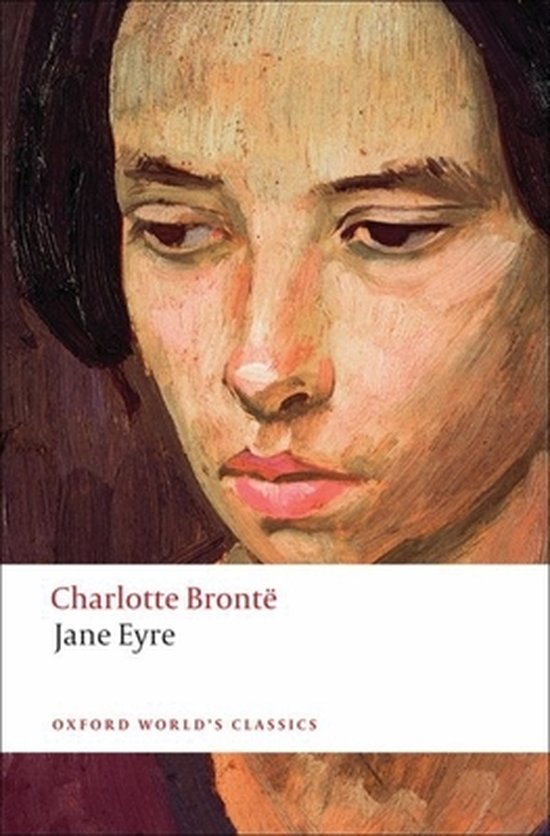 Boekomslag van Jane Eyre van Charlotte Brontë, met een schilderij van een jonge vrouw.