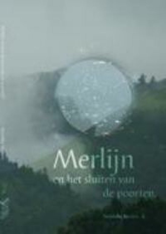Livre 'Merlijn en het sluiten van de poorten' avec un reflet d'étoiles dans un cercle et des montagnes en arrière-plan.