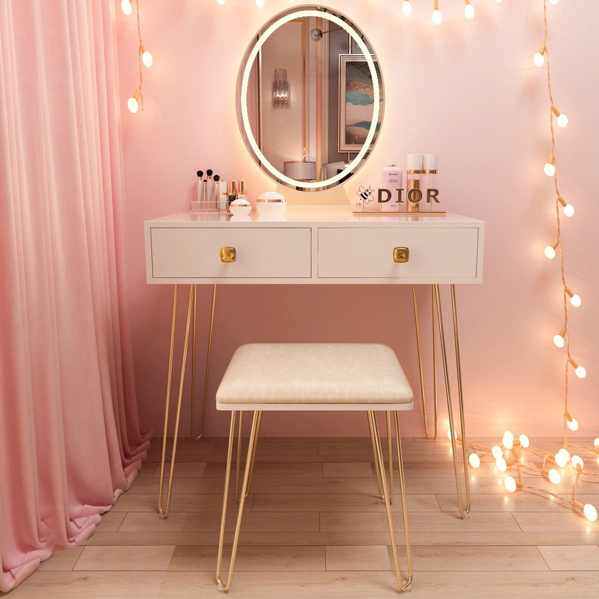 Costway Make-up Tafel met Verlichte Spiegel Kaptafel & Kruk-set 3 Costway Make-up Tafel met Verlichte Spiegel Kaptafel & Kruk-set 3