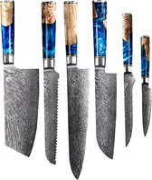 Shinrai Japan™ - Série Epoxy Sapphire - Ensemble de 6 couteaux - Couteaux japonais - Couteau Damas - Couteau de chef - Couteau Santoku - Couteau Nakiri - Couteau à pain - Couteau à désosser - Couteau tout usage - Livré dans un coffret cadeau de luxe