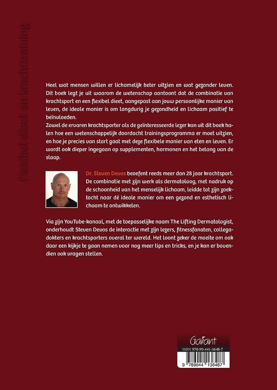 Boek "Flexibel dieet en krachttraining" met een portret van auteur Steven Devos, een man met kort, grijs haar en baard.
