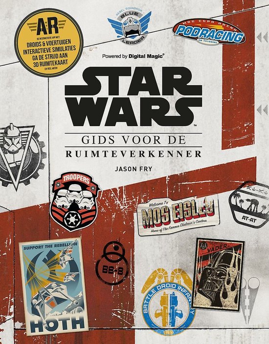 Boek "Star Wars: Gids voor de ruimteverkenner" met diverse Star Wars-logo's en -afbeeldingen, waaronder de logo's van "Rebel Squadron Blue Leader", "Podracing", "Troopers", "BB-8", "Vader", "AT-AT", "Mos Eisley" en een "Hoth" poster.