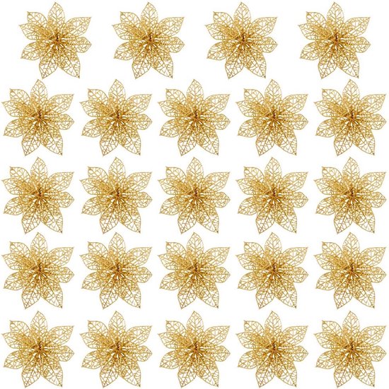 MONTKIARA 24 stuks kunstkerstbloemen voor kerstboom ornamenten decoratie glitter kerstbloemen Kerstmis kunstbloemen kerstboomversiering voor feestdecoratie Ø 15 cm goud