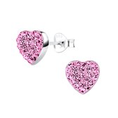 Joy|S - Zilveren elegance hartje oorbellen - 9 x 8 mm - roze kristal