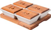 Joy Kitchen tapasplank met vier tapas schaaltjes | borrelplank | serveerplank | borrelpakket | borrelplank hout | cadeau borrel pakket | porseleinen schaaltjes | houten dienblad |