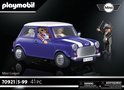 Blauwe Mini Cooper met wit dak, witte strepen en twee Playmobil-figuren. Een politieagent staat ernaast.
