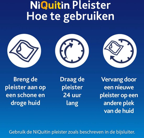 NiQuitin Pleister Hoe te gebruiken: Breng pleister aan op schone, droge huid. Draag pleister 24 uur lang. Vervang door nieuwe pleister op andere plek.
