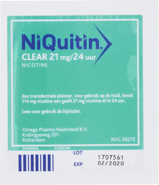 NiQuitin CLEAR 21 mg/24 uur transdermale pleister, voor gebruik op de huid, bevat 114 mg nicotine en geeft 21 mg nicotine af in 24 uur.