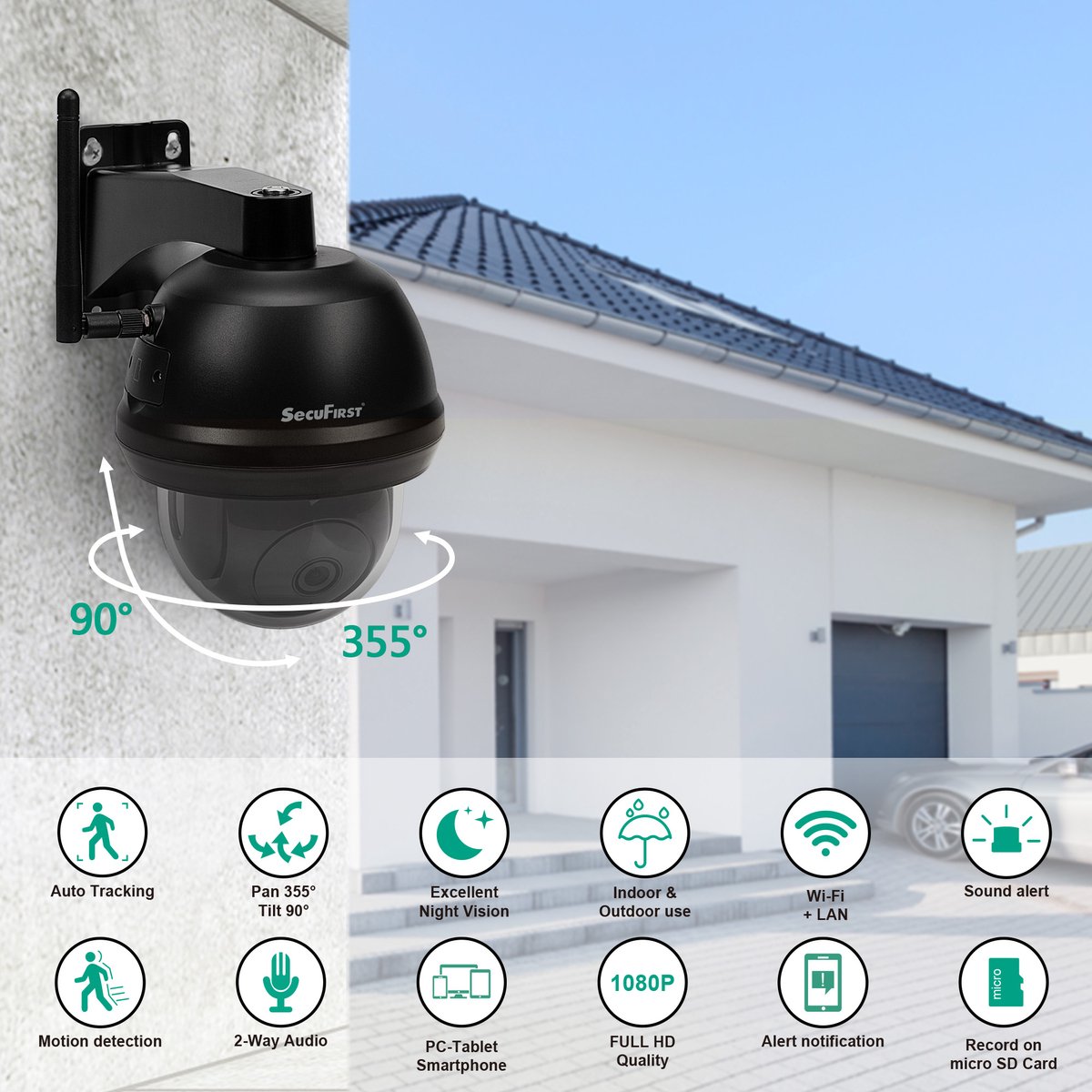 Afbeelding 2 van SecuFirst CAM214Z met 128GB opslag Dome Camera zwart - IP Camera draai- en kantelbaar voor buiten - FHD 1080P