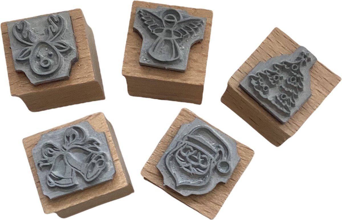Stempelset Kerst - 5 stempels ø15mm - rubber stempel - kerstman - rendier - kerstboom - engel - kerstbellen - christmas