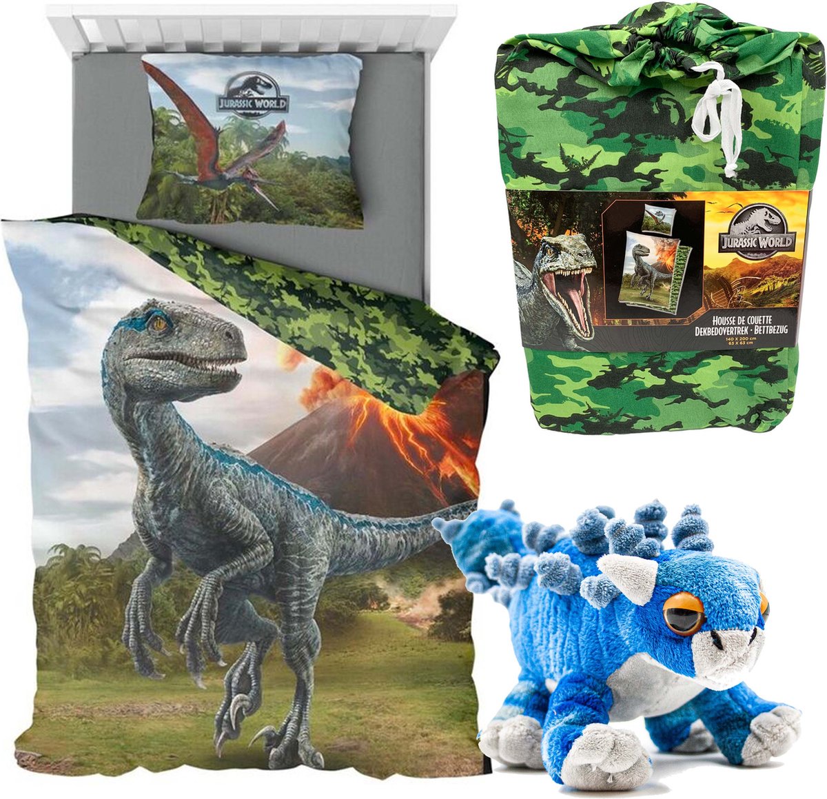 Jurassic World Dino Dekbedovertrek- 140x200- Polyester- 1persoons- Dinosaurus- incl. Pluche Dino Ankylosaurus-blauw