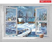 D&C Collection - 90x65 cm - kerstposter voor buiten - doorkijk - wit venster sneeuwlandschap met dorp -winter poster - kerst decoratie