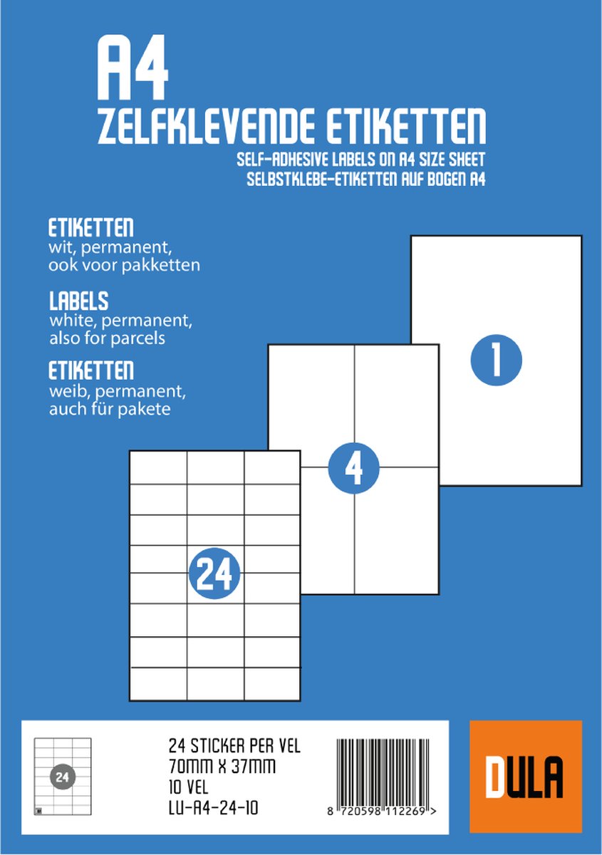 DULA Etiketten - Stickervellen A4 - 24 stickers per vel - 70 x 37 mm - 10 vel — afbeelding 5