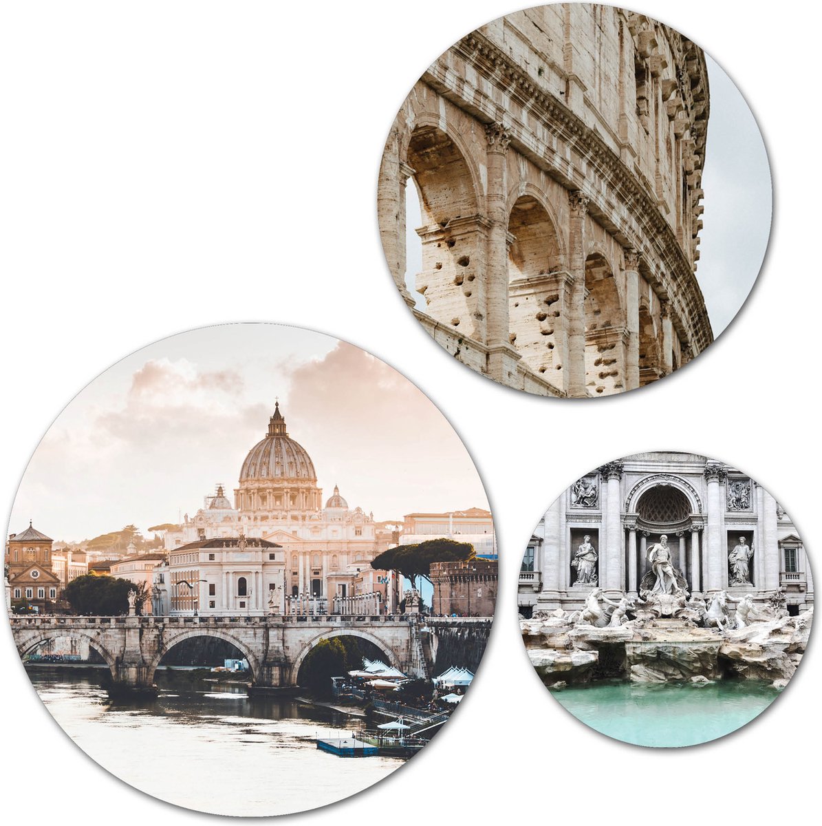 Forex Muurcirkel Set - Set Rome - Colosseum, Trevifontein en Sint-Pieterbasiliek - Set van