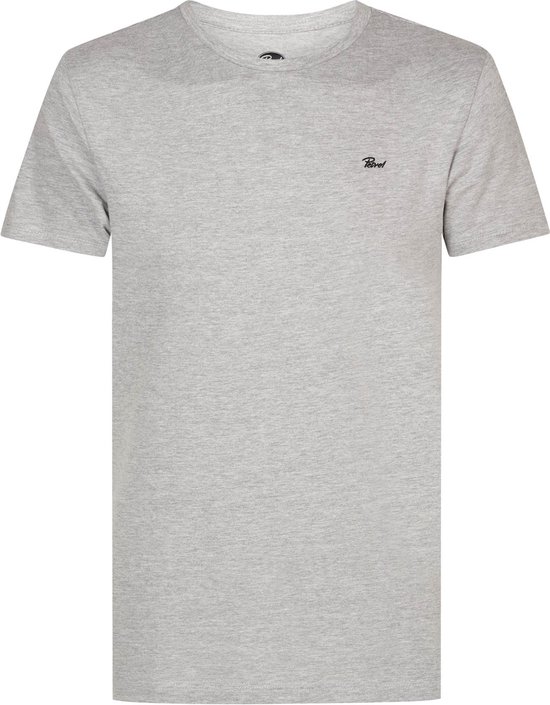 Grijs T-shirt met korte mouwen en een zwart logo op de borst.