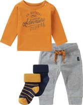 Noppies kledingset (4delig) Grijze broek met oker shirt en sokjes - Maat 56