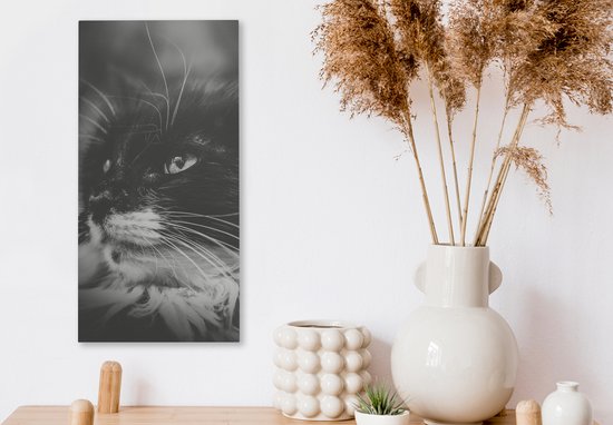 Tableau sur toile représentant un chat de profil regardant de côté en noir et blanc - 20x40 cm - Décoration murale