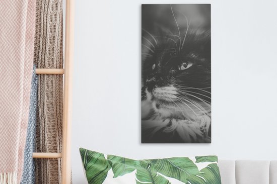 Tableau sur toile représentant un chat de profil regardant de côté en noir et blanc - 20x40 cm - Décoration murale