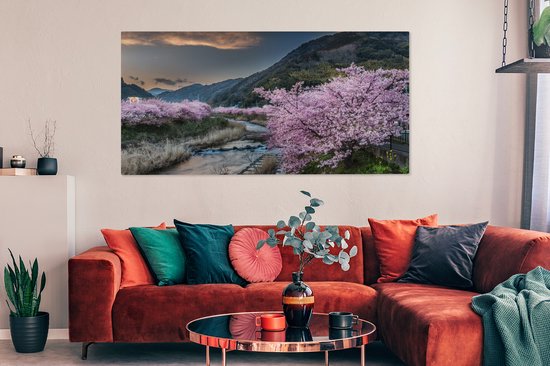 Toile Peinture Cerisier - Montagnes - Printemps - 160x80 cm - Décoration murale