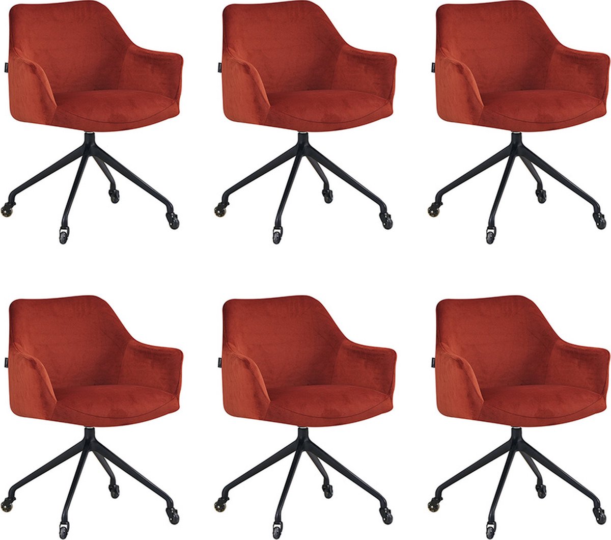 Bronx71® Eetkamerstoel met wieltjes Quinn koper velvet - Eetkamerstoelen set van 6 - stoel