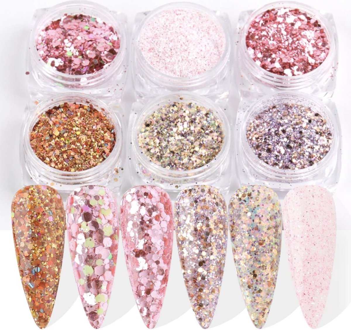 Goedkoopste GUAPÀ - Nagel Glitter Poeder | Nail Art Set Roze & Goud - 6 Stuks