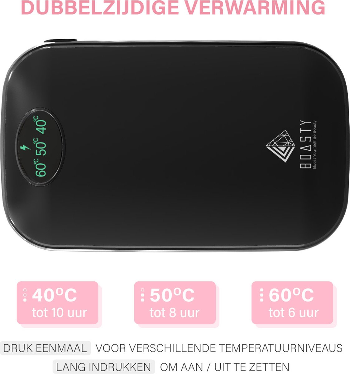 Goedkoopste Boasty ®Hand warmer - Zwart oplaadbaar- Powerbank 10000 mah - USB C - powerbank iphone-powerbank samsung- handwarmers herbruikbaar - dubbelzijdige handwarmer in zak of handschoen - 3 standen 42, 50 en 55 °C - kerstcadeau
