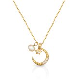 Schitterende 14K Gold Plated Zilveren Halsketting met Maan Ster & Parel Hanger