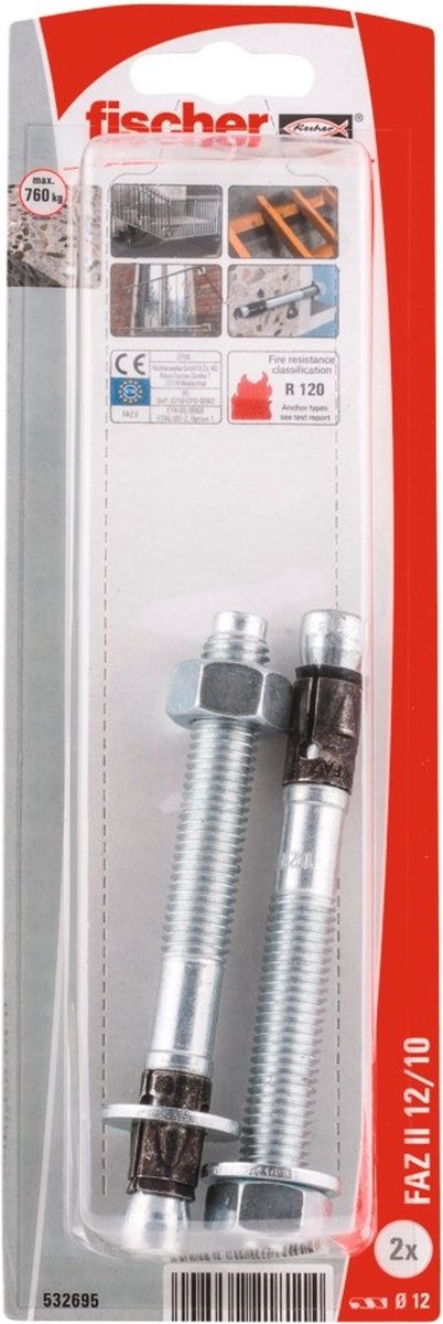 Fischer FAZ II K doorsteekankers - M12x10mm - elektrolytisch verzinkt staal (Per 2 stuks)