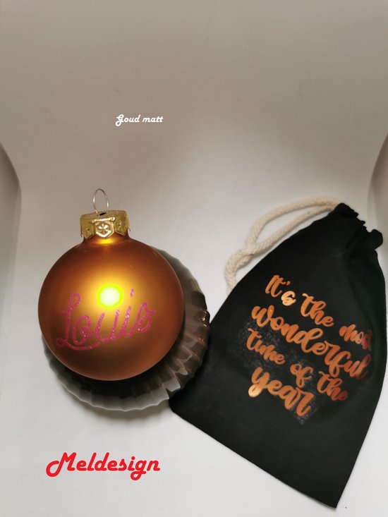 Kerst Kerstbal met naam met gratis opbergtasje goud matt glitter roze letters