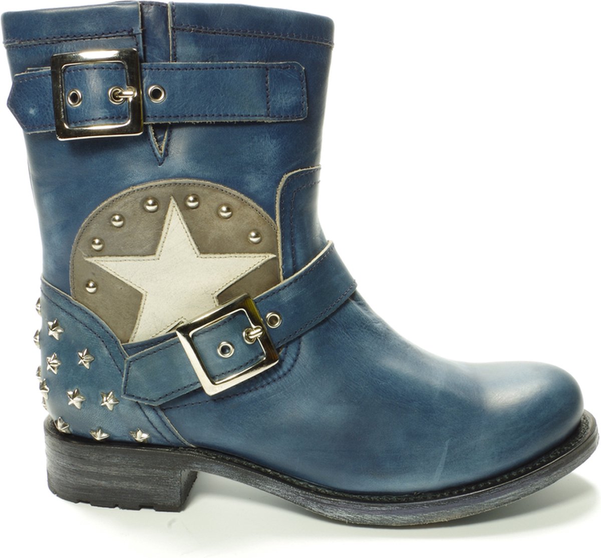 Sendra Boots 10796 Chiquita Blauw Handgemaakt Goodyear Welted Fasion Biker Boots Rond Neus Platte Hak Ster Studs Anti Slip Echt Leer Maat 36