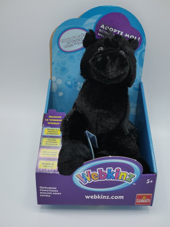 Zwarte pluche Webkinz pony in verpakking. Tekst op verpakking: 'Adopte moi!'