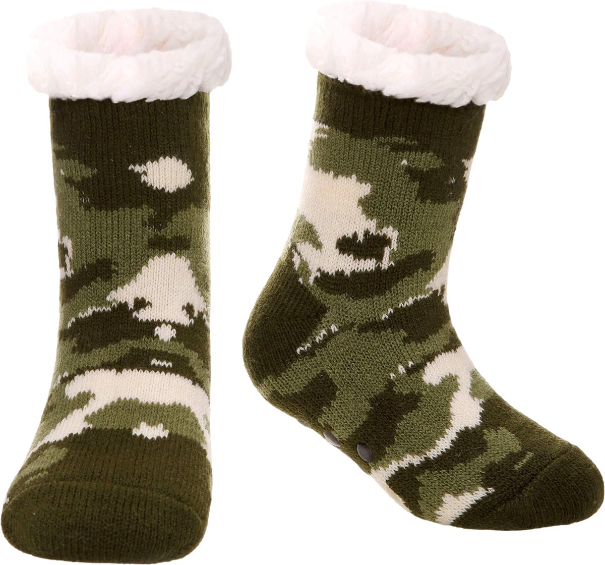 JAXY - Huissokken Dames - Verwarmde Sokken - Anti Slip Sokken - Huissokken - Bedsokken - Warme Sokken - Kerstcadeau Voor Vrouwen - Thermosokken - Dikke Sokken - Fluffy Sokken - Kerstsokken Dames en Heren - Maat 32-35 - Camo Groen