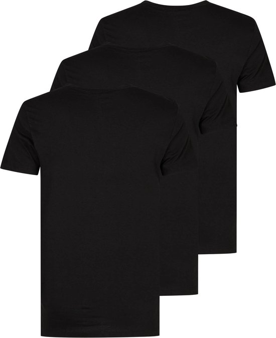 Drie zwarte T-shirts met korte mouwen, een ronde hals en een regular fit, weergegeven op een witte achtergrond.