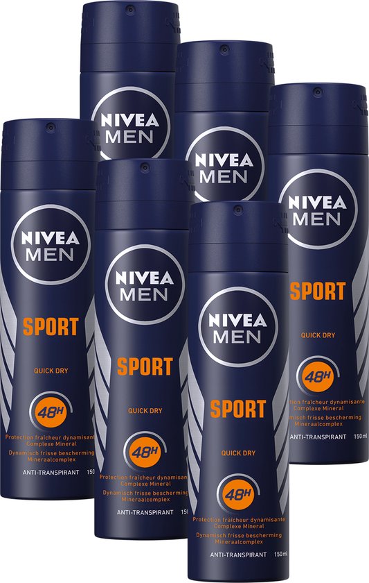 NIVEA MEN Sport Deodorant Spray - Quick Dry Anti-Transpirant - 6 x 150 ml - Voordeelverpakking