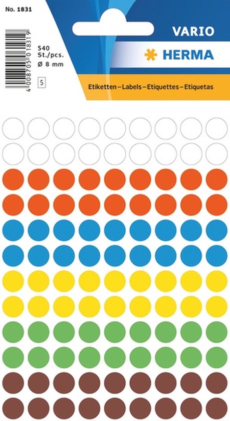 Verpakking met 540 ronde etiketten van 8 mm in de kleuren wit, oranje, blauw, geel, groen en bruin.