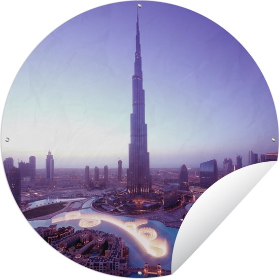 Tuincirkel De felle zon schijnt op de Burj Khalifa in Dubai - 60x60 cm - Ronde Tuinposter - Buiten