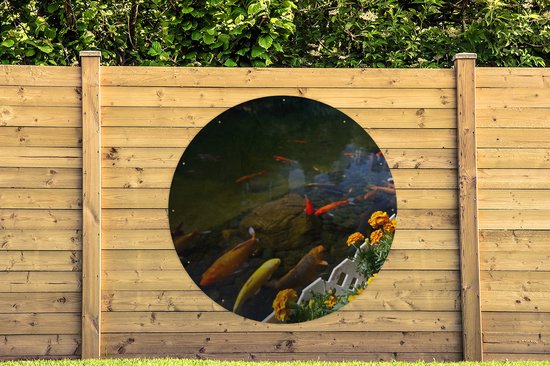 Garden Circle Carpes Koï dans un étang avec des fleurs - 150x150 cm - Affiche Ronde de Jardin - Extérieur