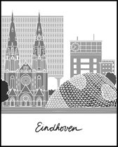 Poster Eindhoven Zwart Wit - Stadsgezicht - Skyline Kaart Plattegrond - Klokgebouw