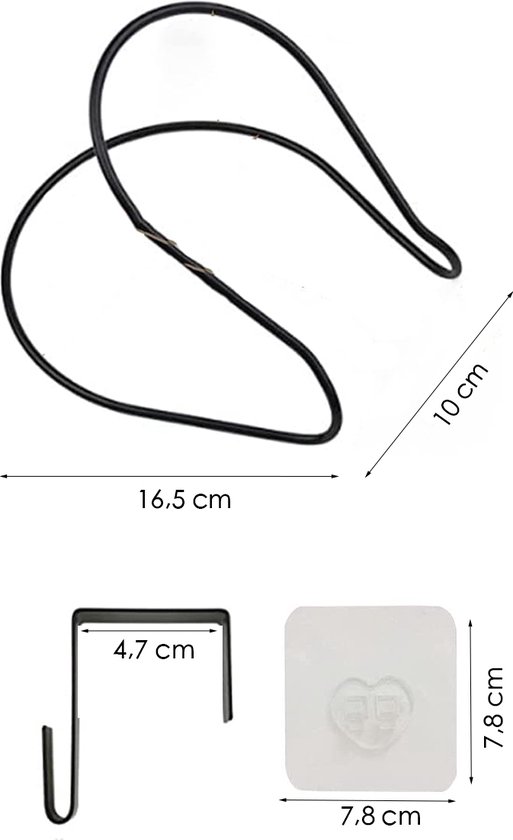 Afmetingen van zwarte hoedenhouder: 16,5 cm breed, 10 cm hoog. Zwarte haak: 4,7 cm hoog. Witte plakhaak: 7,8 x 7,8 cm.