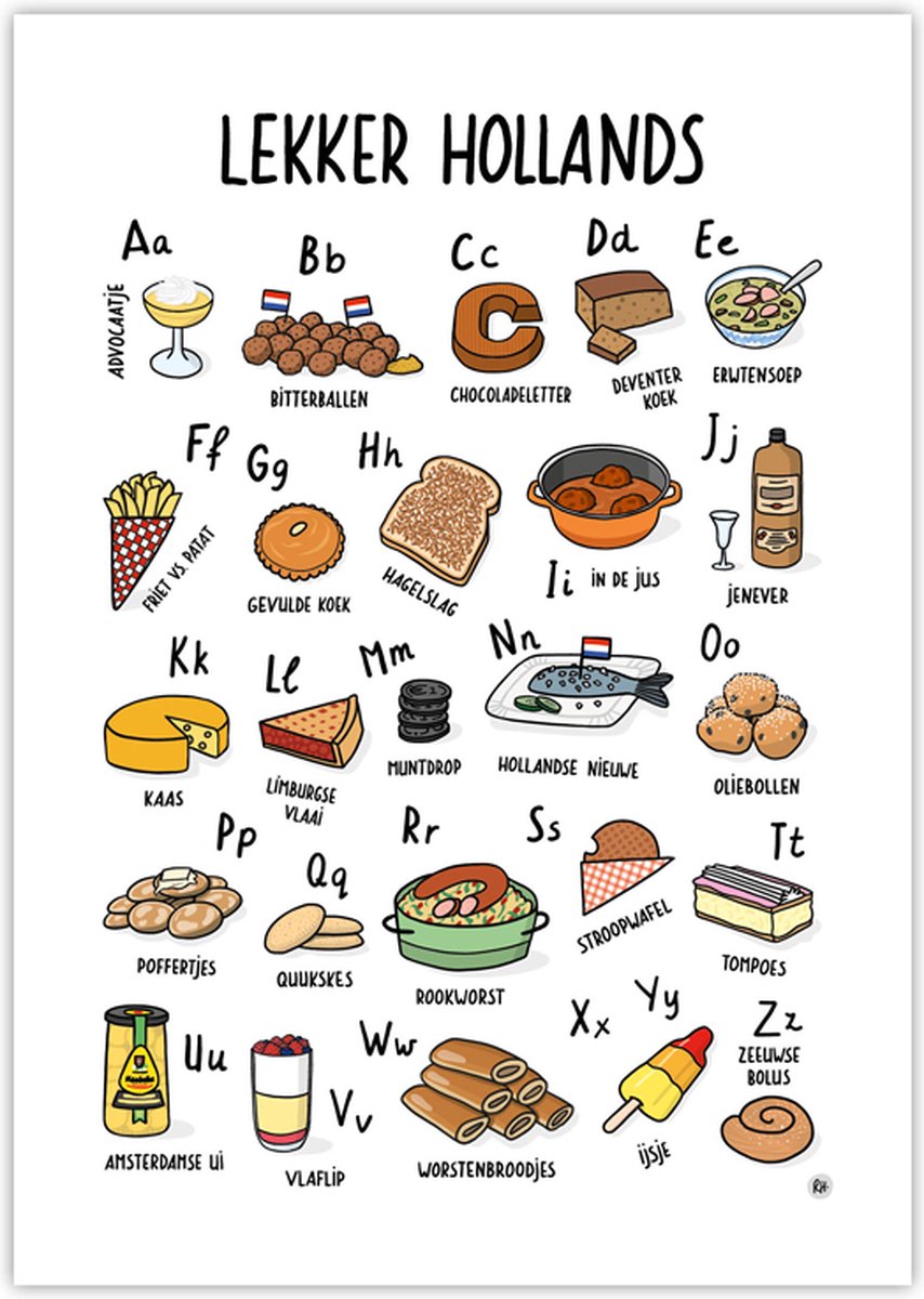 ABC Poster Lekker Hollands - Handgetekende alfabet poster voor kinderen en volwassenen - Origineel cadeau Nederland